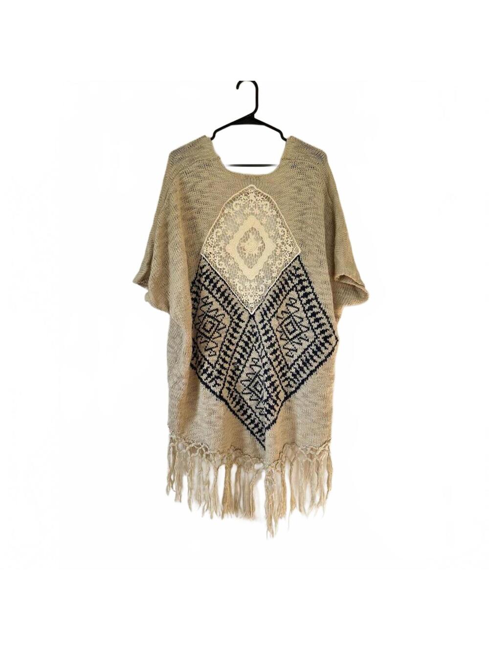 Blu Pepper Vintage Boho Knit Fringe Poncho Cardigan Sweater Top